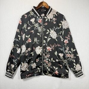 H&M Floral Bomber Jacket Womens 12 Black Zip Front Lightweight Floral Print